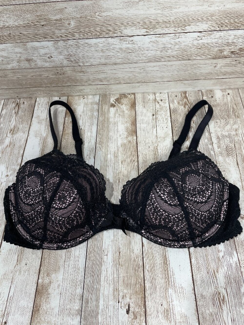Vtg Silver Tag VICTORIA'S SECRET 36C Black Lace Pink Padded Underwire Bra NWOT